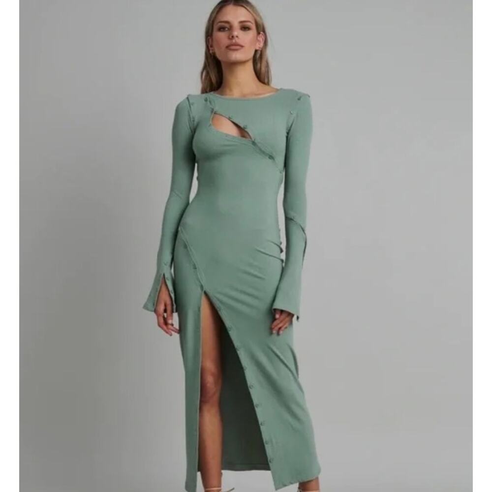 Bayse Large Maxi Sheath Dress Army Green Ribbed Long Slit Asymmetrical Button
